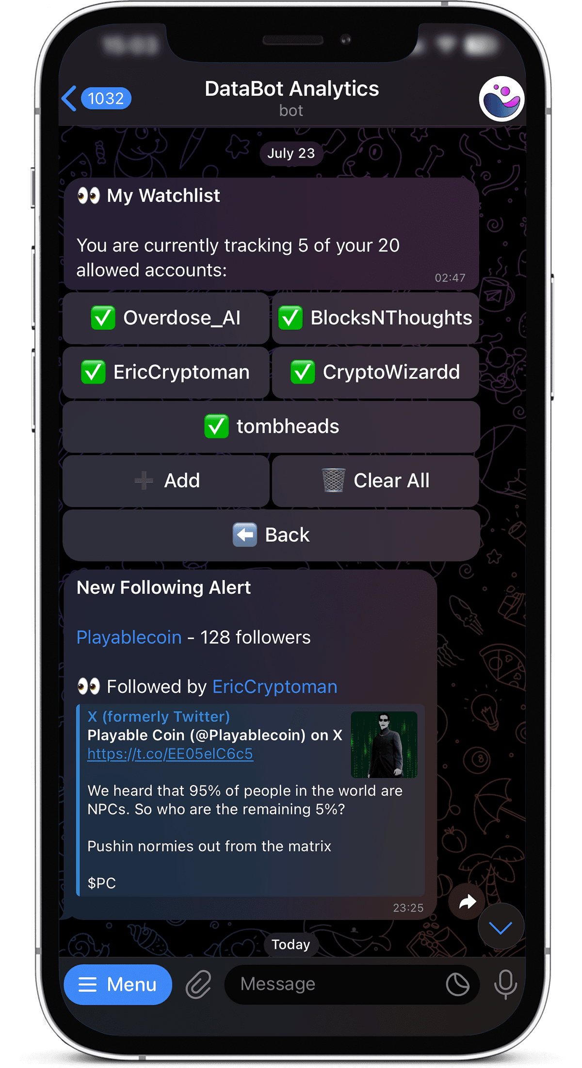 Databot Telegram analytics interface showing watchlist, alerts, and social mentions