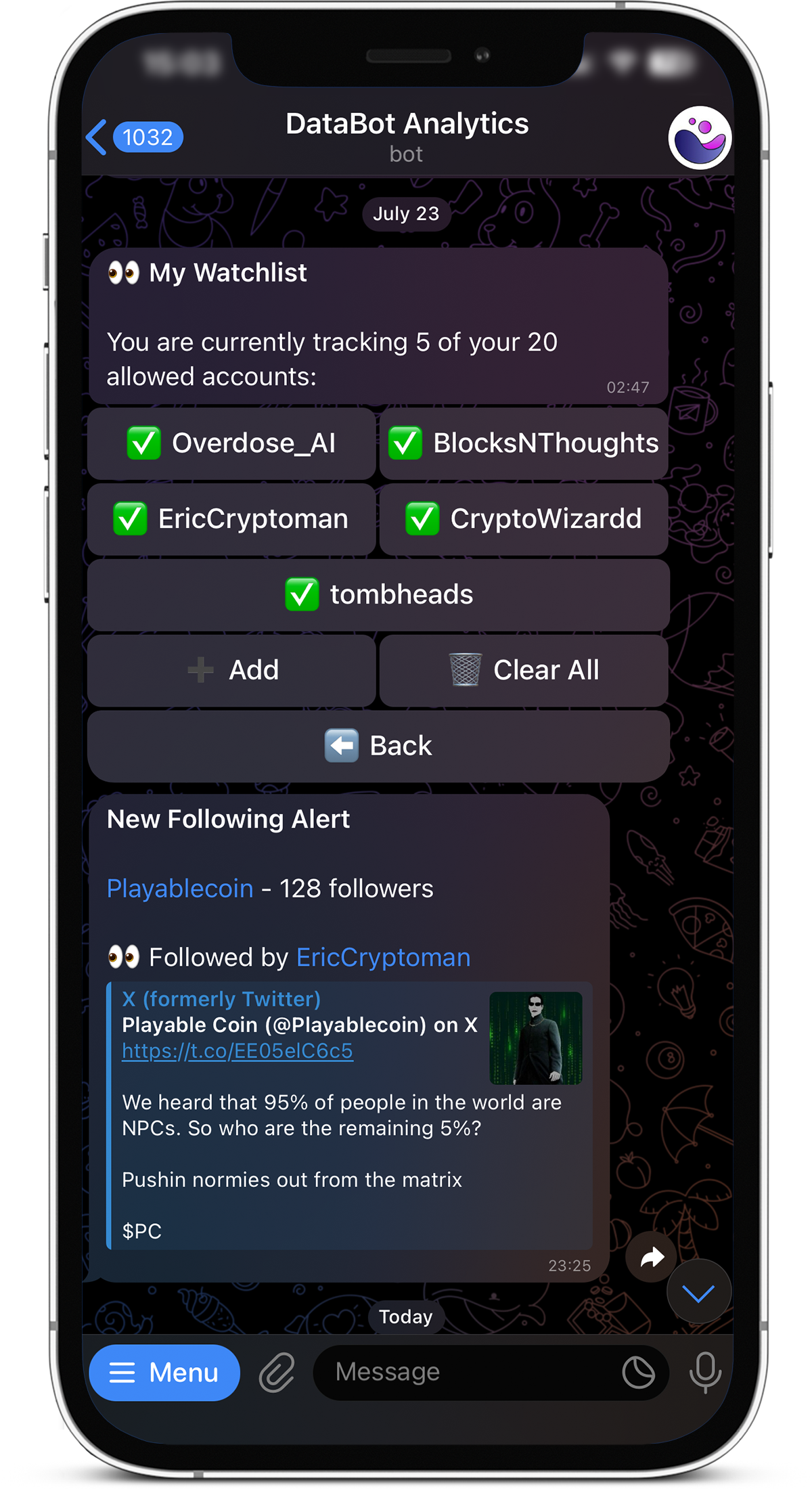Databot Telegram analytics interface showing watchlist, alerts, and social mentions